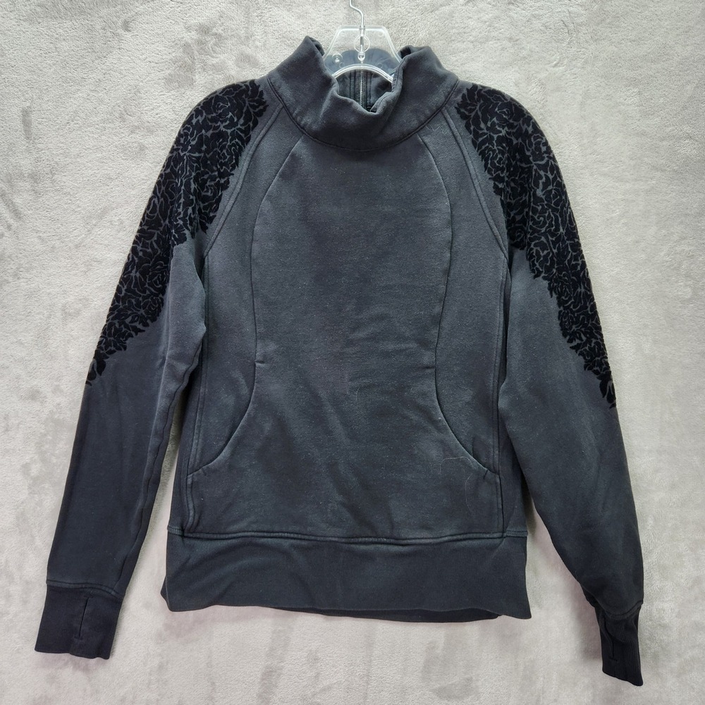 Lululemon Floral Flock Pullover Womens 10 Black Funnel Neck Sweatshirt Back Zip‎ - Picture 2 of 11